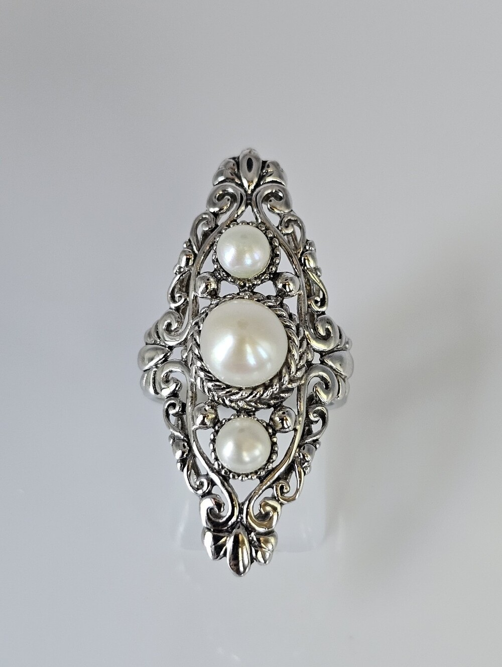 Genuine Cultured Pearl Elongated Sterling Silver Ring Size 8!